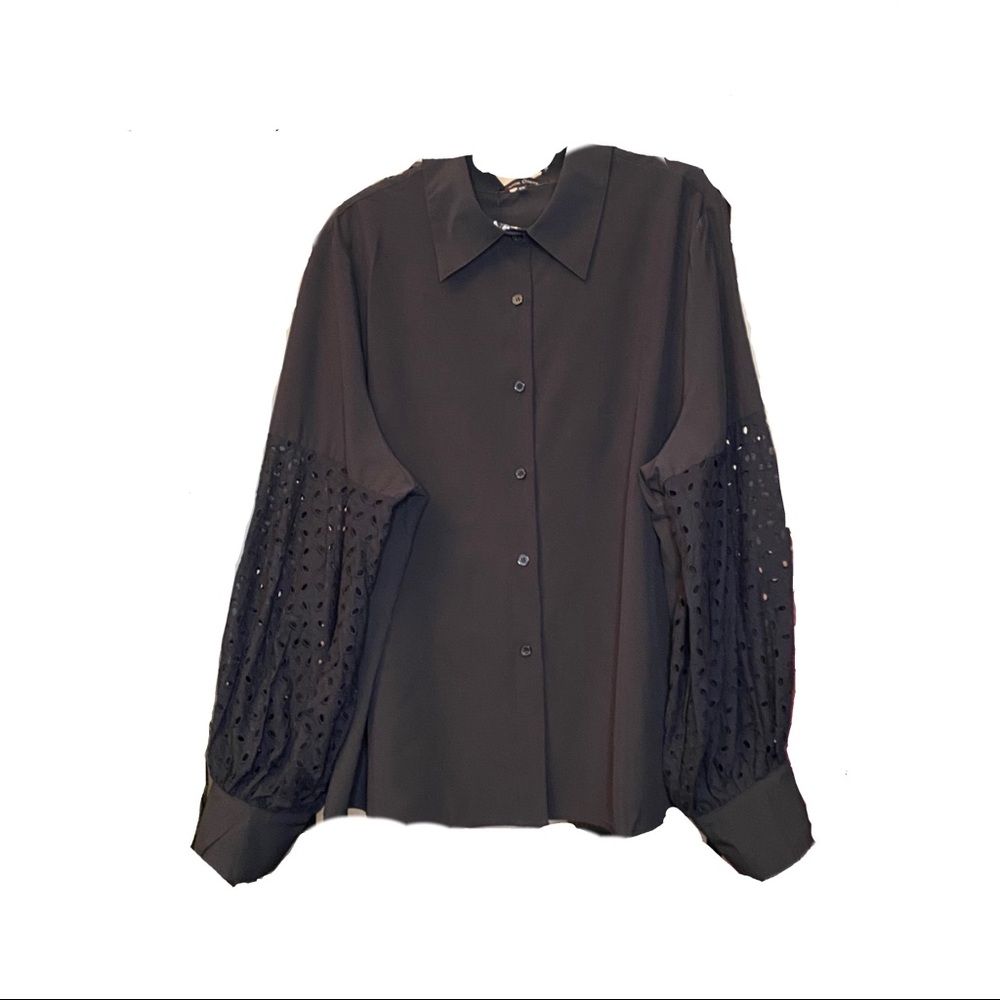 Buxom Curvy Black Blouse w/ Punched Sleeves -2x